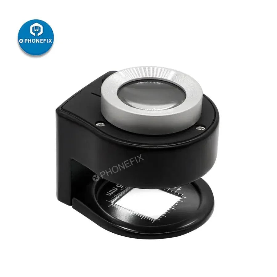 PHONEFIX 30x loupe magnifier with 6 LED lights, soldering magnifying glass for motherboard repair, detailed close-up view.