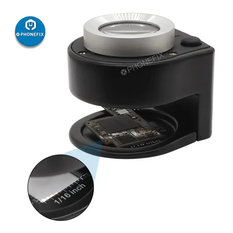 Phonefix 30x loupe magnifier with 6 LED lights for motherboard repair, featuring a soldering magnifying glass for detailed electronic work.
