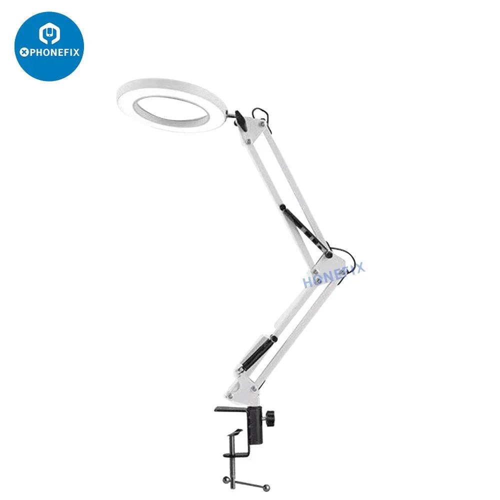 PHONEFIX HD 3X magnifying soldering glass with USB 3-color light and metal clip stand for detailed electronics work.