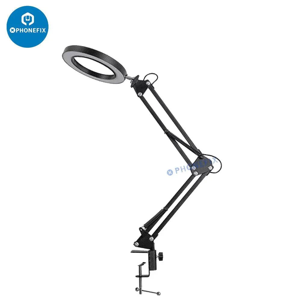 PHONEFIX HD 3X soldering magnifying glass with USB 3-color light, metal clip stand for detailed electronic work.