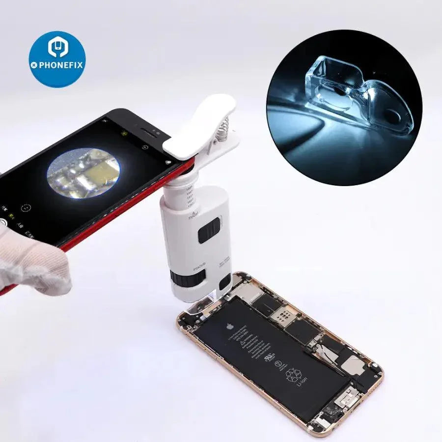 PhoneFix 120x pocket phone microscope clip magnifying glass with LED and UV light for detailed phone soldering inspection.