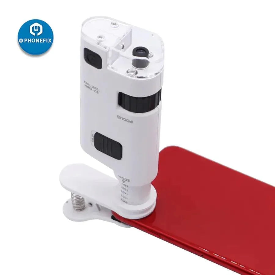 PHONEFIX 120X Pocket Phone Microscope with LED UV Light, soldering magnifying glass clip for detailed inspection and repair work.