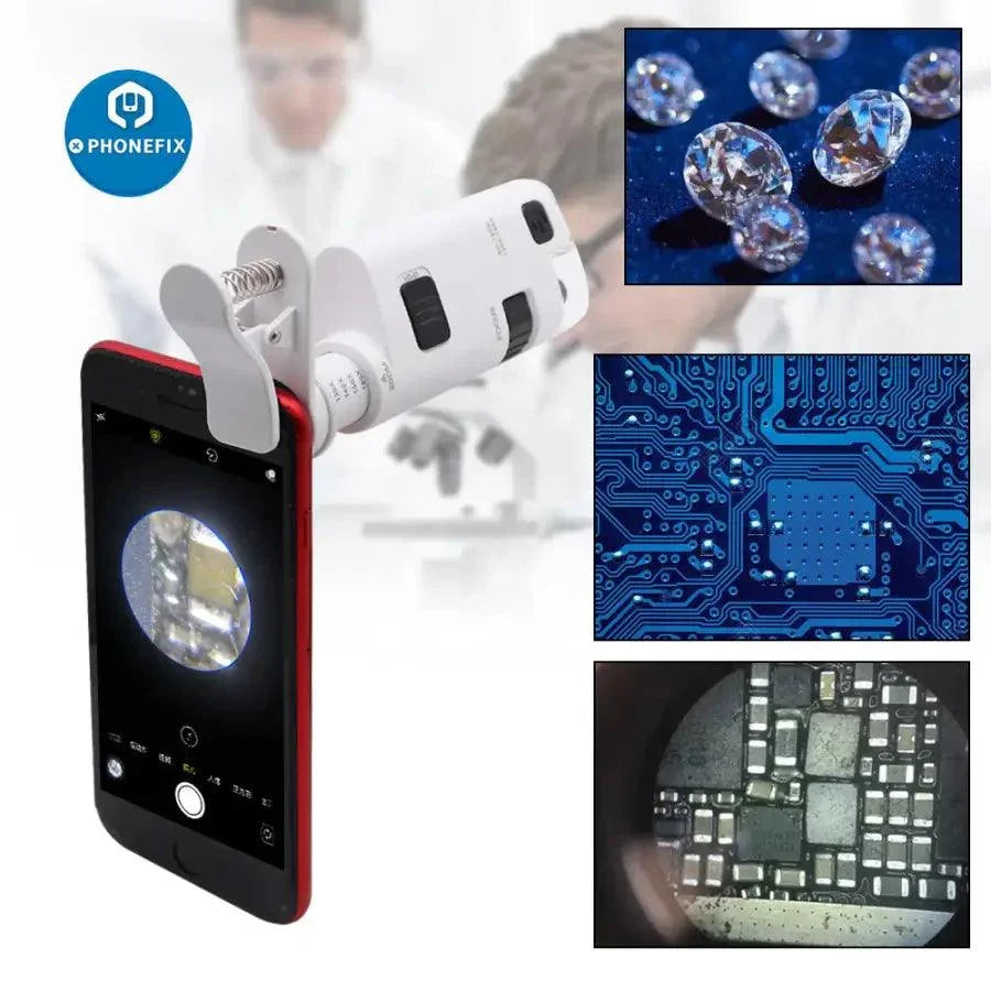PHONEFIX 120X pocket soldering magnifying glass with LED UV light and clip for detailed electronic inspections.