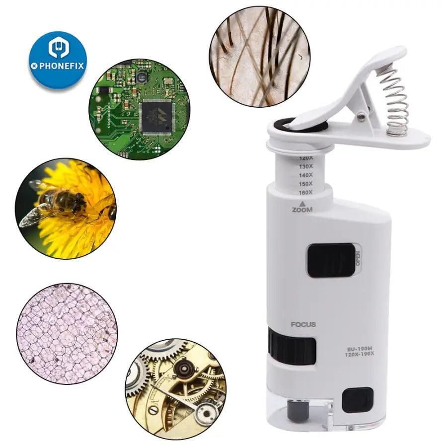 PhoneFix 120X pocket soldering microscope magnifying glass with LED and UV light for detailed electronic inspections.