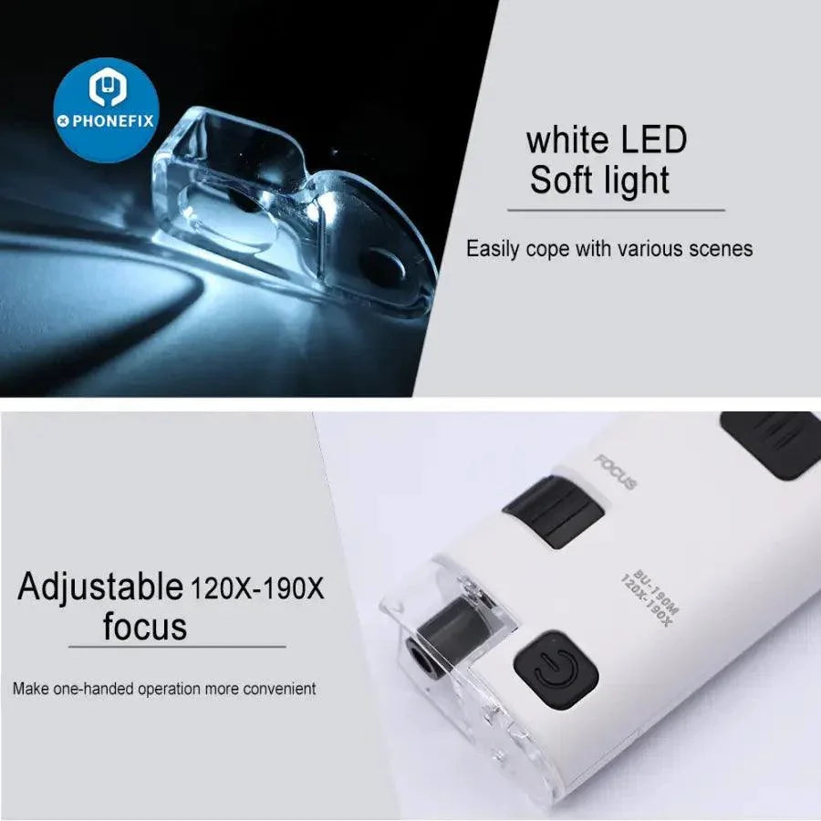 PhoneFix 120X pocket soldering microscope magnifying glass with LED and UV light, compact clip-on tool for detailed electronic work.