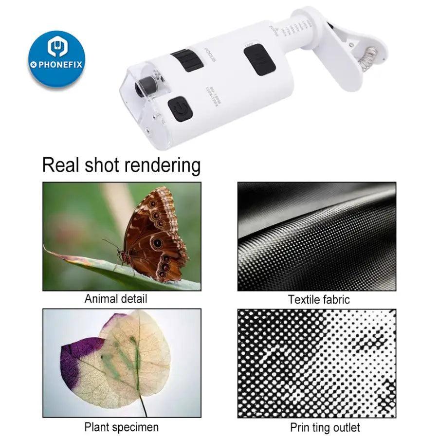 PhoneFix 120X pocket soldering magnifying glass with LED and UV light, clip-on microscope for detailed electronic inspection.