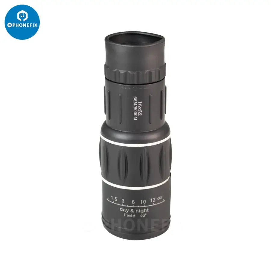 PhoneFix 16x52 dual-focus zoom monocular telescope with HD clarity, suitable for long-distance viewing up to 8000 meters.