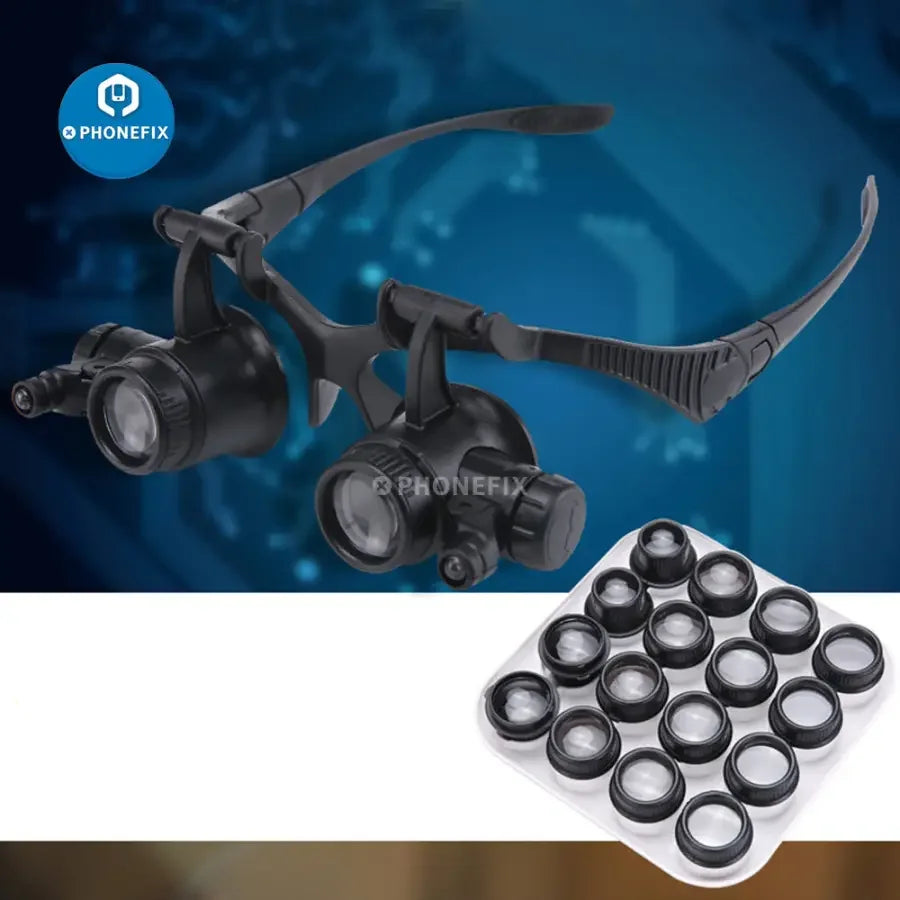 PHONEFIX 2.5X-25X Binocular Head Loupe with LED light, Soldering Magnifying Glass for detailed repair work and electronics inspection.
