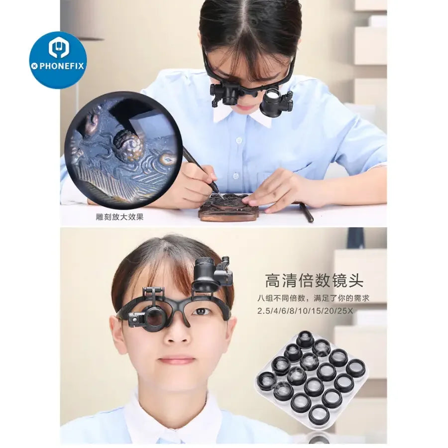 PHONEFIX 2.5X-25X binocular head loupe with LED light, Soldering Magnifying Glass for detailed repair and inspection work.
