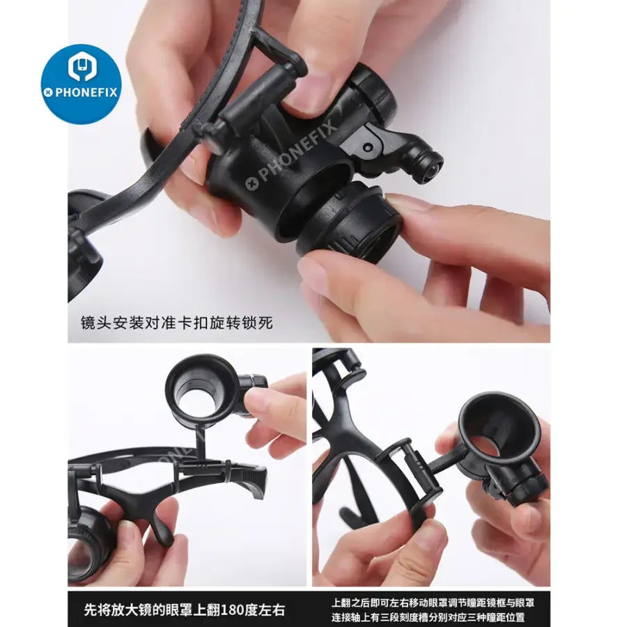 PHONEFIX 2.5X-25X binocular head loupe with LED light, magnifying glass for soldering and detailed repair work.
