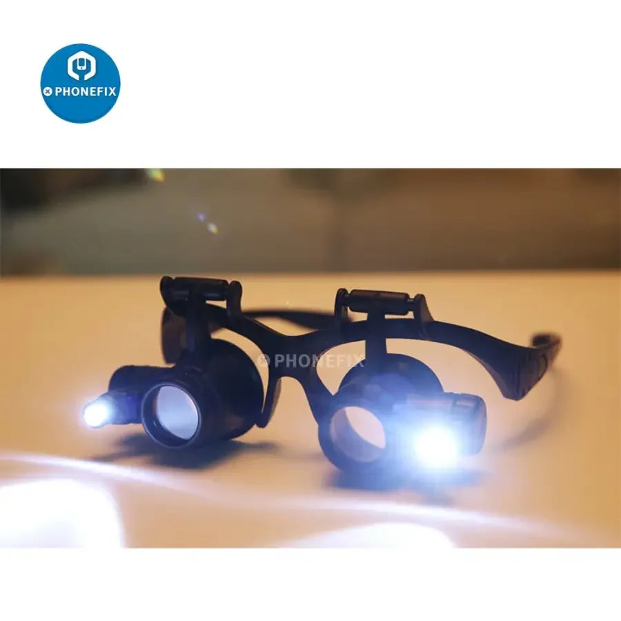 PHONEFIX 2.5X-25X binocular head loupe with LED light, soldering magnifying glass for detailed repair work.
