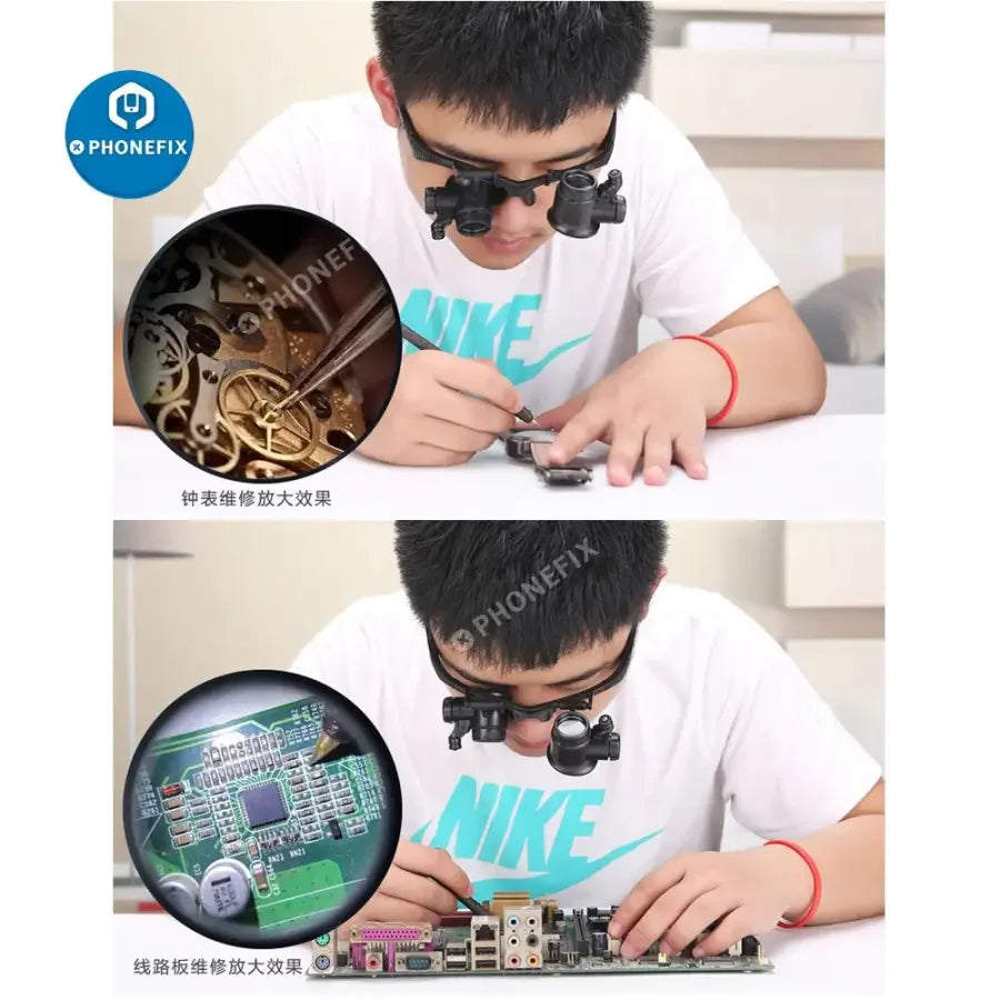 PHONEFIX 2.5X-25X Binocular Head Loupe with LED light for detailed soldering and repair magnification, repair tool for electronic work.