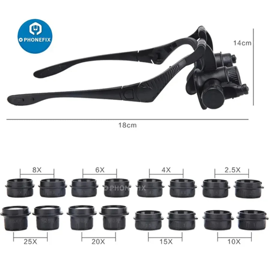 PhoneFix 2.5X-25X binocular head loupe with LED light, repair magnifier for detailed soldering and electronics inspection.
