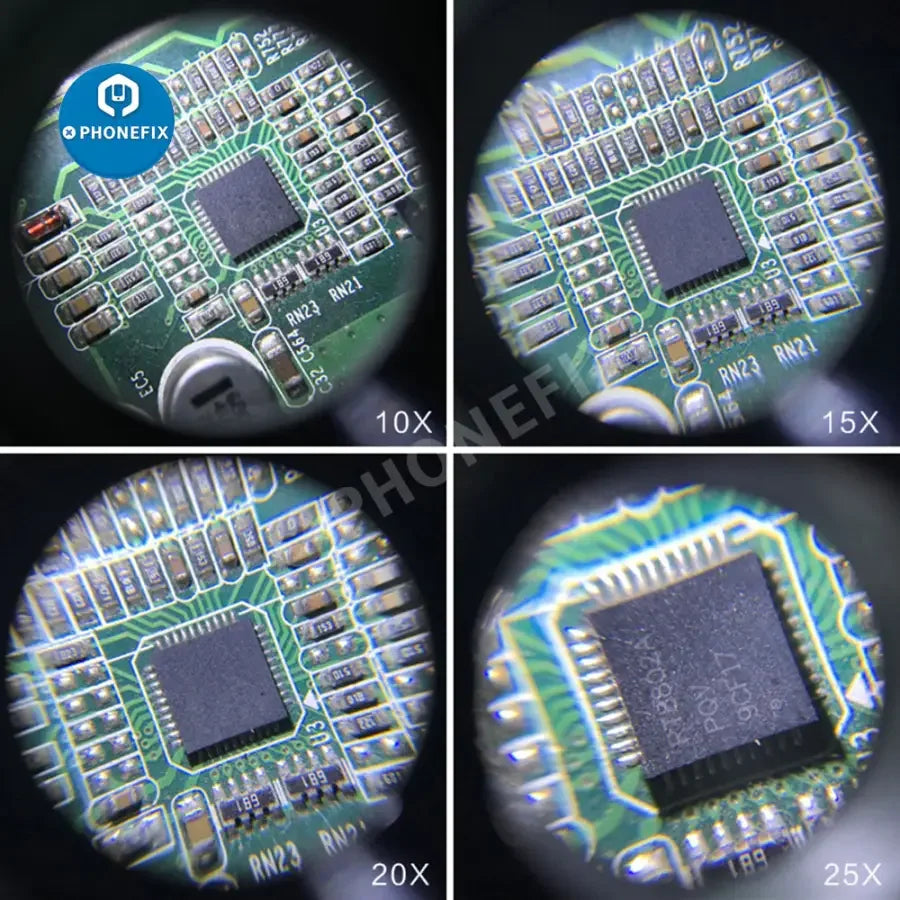 PHONEFIX 2.5X-25X multi-power LED magnifier eye glasses for watch repair, featuring double LED lights for detailed soldering work.