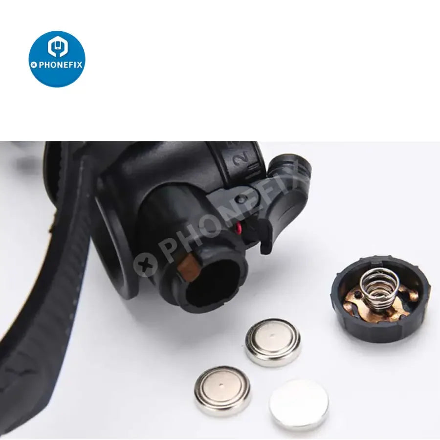 PHONEFIX 2.5X-25X multi-power LED magnifier eye glasses for watch repair, featuring double LED lights for detailed soldering work.