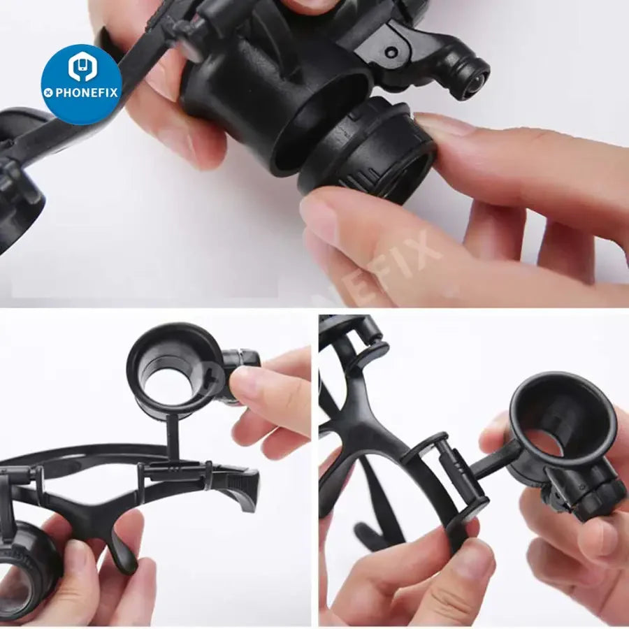 PHONEFIX 2.5X-25X double LED magnifier glasses for watch repair, soldering magnifying glass with adjustable focus and illumination.