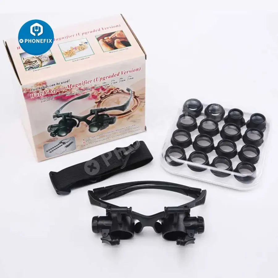 PHONEFIX 2.5X-25X multi-power double LED magnifier eye glasses for watch repair, featuring high magnification and bright LED lighting.
