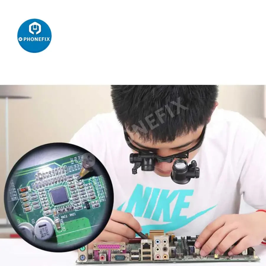 PHONEFIX 2.5X-25X multi-power LED magnifier eye glasses for watch repair, featuring double lenses for detailed soldering work.
