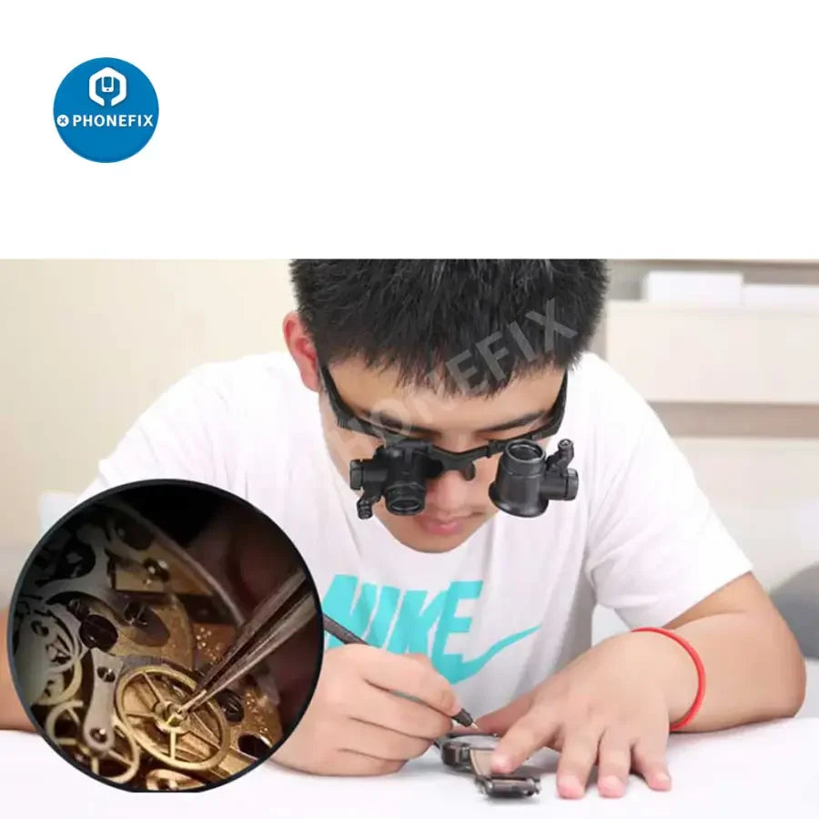 PHONEFIX 2.5X-25X multi-power double LED magnifier eye glasses for watch repair, featuring a soldering magnifying glass for detailed work.
