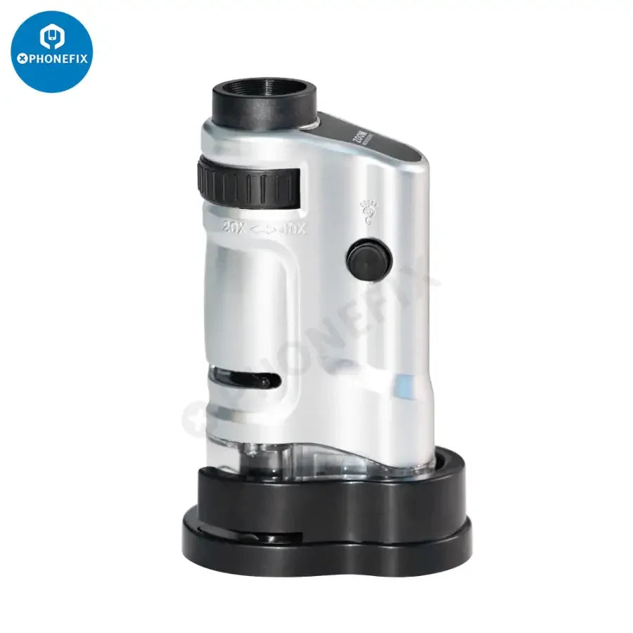 PhoneFix 20-40X LED lighted pocket microscope with slide base, compact soldering magnifying glass for detailed inspection.