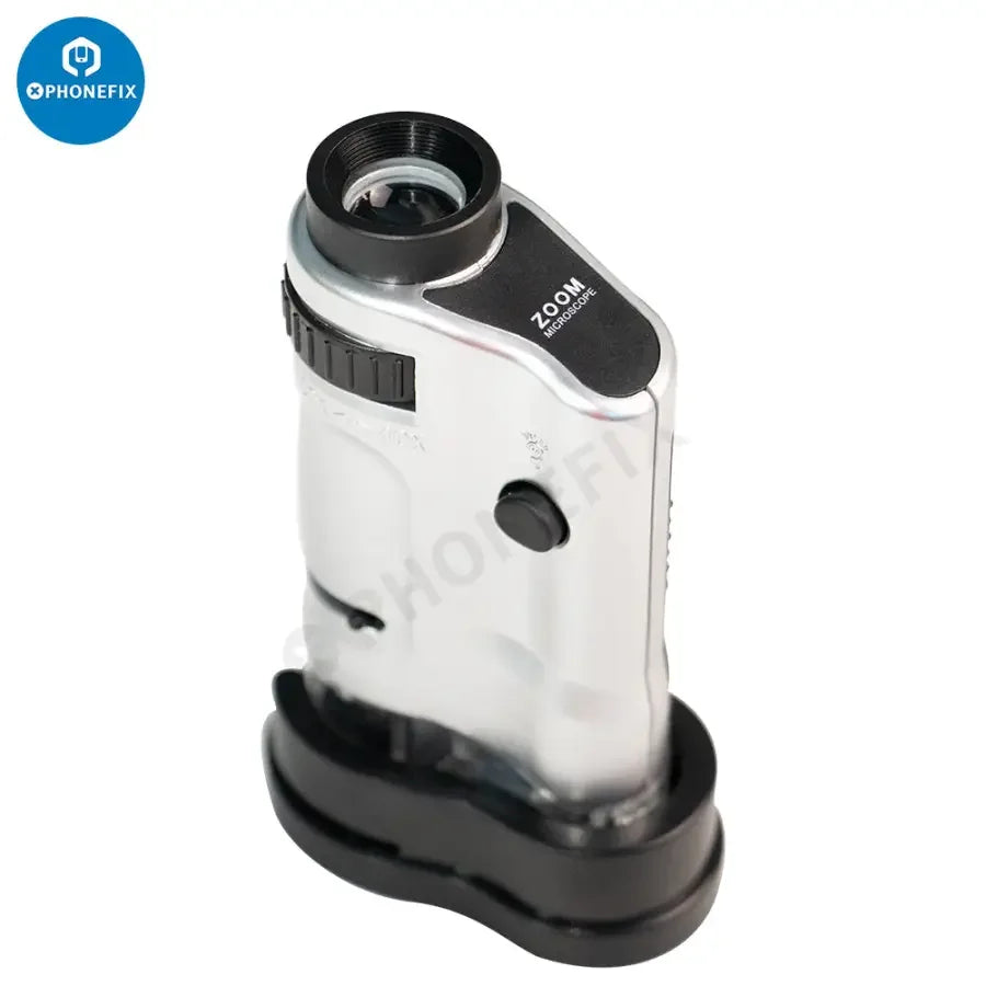 PHONEFIX 20-40X LED lighted pocket microscope with slide base, compact soldering magnifying glass for detailed inspection.