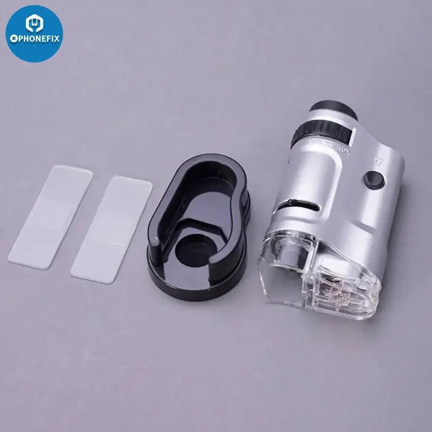 Phonefix 20-40X LED lighted pocket microscope with slide base, soldering magnifying glass for detailed inspection.
