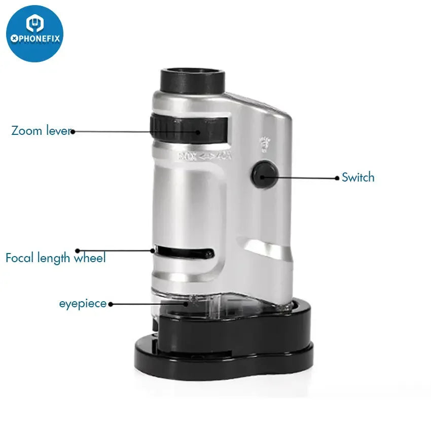 PHONEFIX 20-40X LED lighted pocket microscope magnifier with slide base, ideal for detailed soldering inspections and magnification.