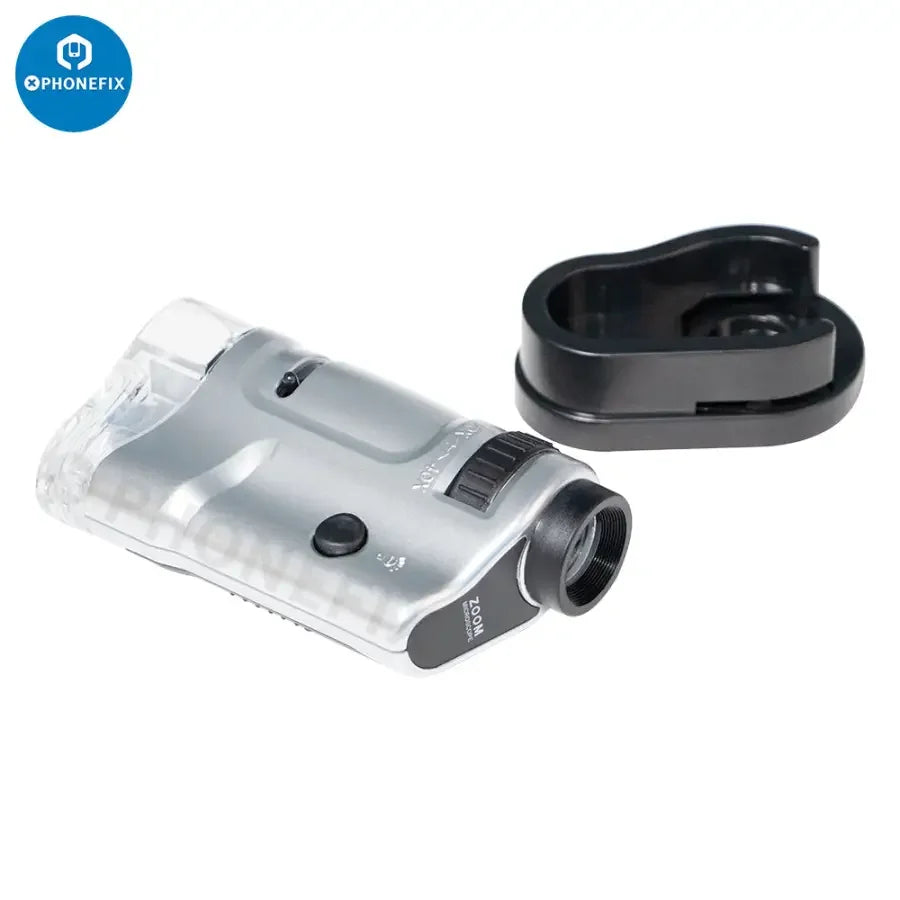 PHONEFIX 20-40X LED lighted pocket microscope and soldering magnifying glass with slide base for precise detailed inspection.