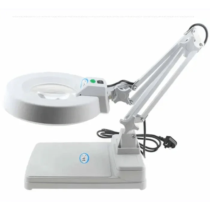 PhoneFix 20x desktop soldering magnifying glass with LED light, adjustable bracket, and high magnification for detailed work.
