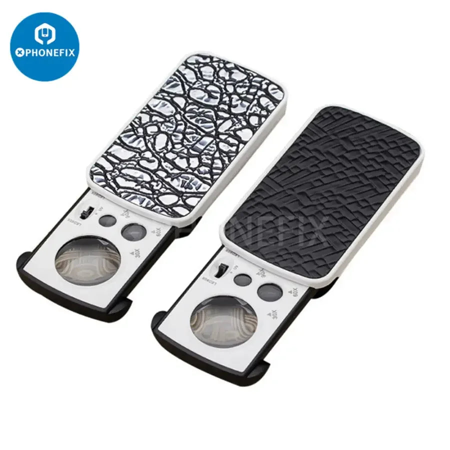 PhoneFix jewelry magnifier with 30x, 60x, 90x optical magnifying glass for detailed inspection and soldering work.