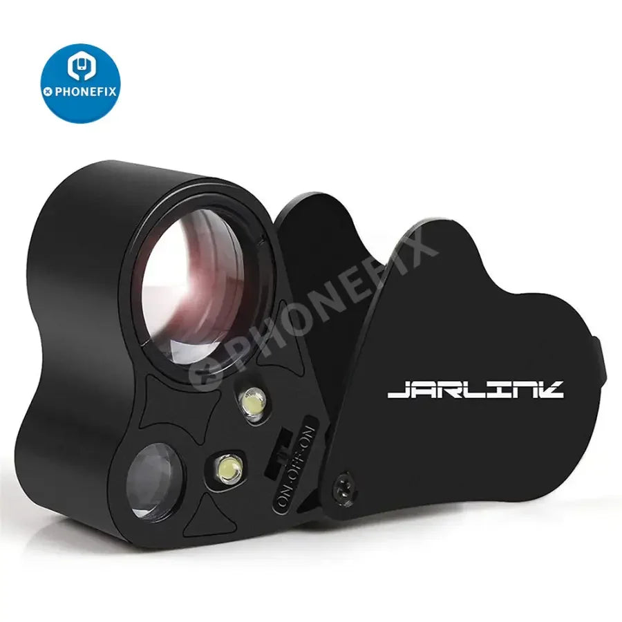 PHONEFIX 30X-60X foldable jewelry magnifier with LED light, Soldering Magnifying Glass for detailed repair inspection.