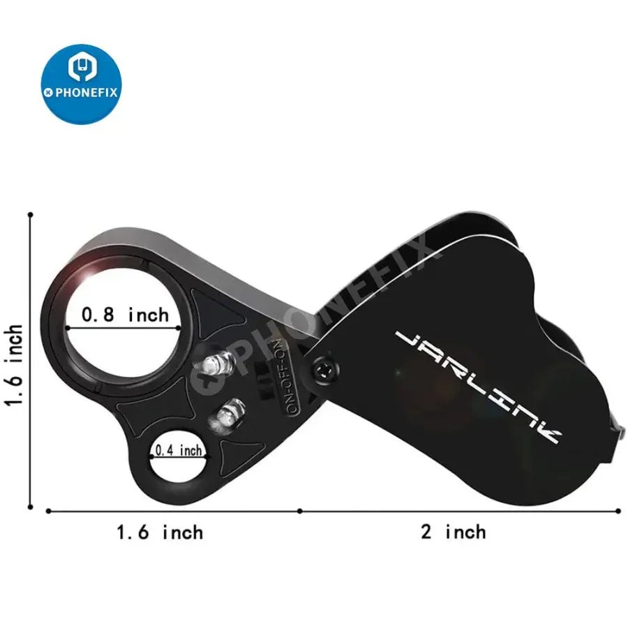 PHONEFIX 30X-60X foldable jewelry magnifier with LED light, ideal for detailed repair work and magnification of small jewelry parts.