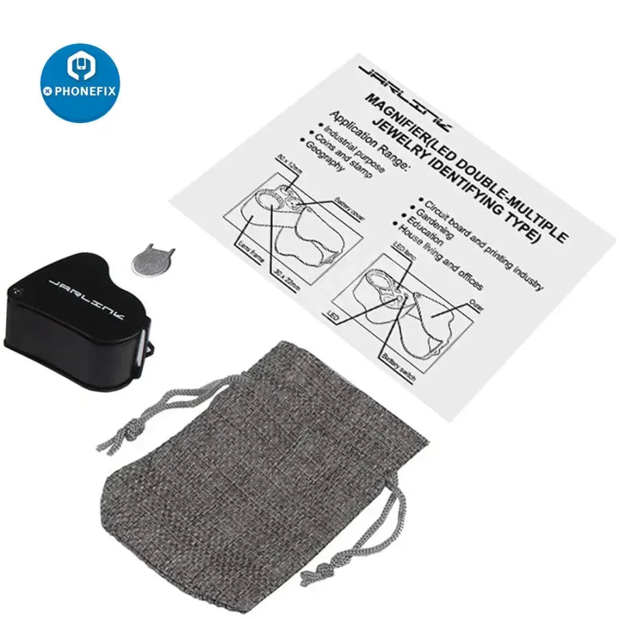 PHONEFIX 30X-60X foldable jewelry magnifier with LED light, soldering magnifying glass for detailed repair and inspection.