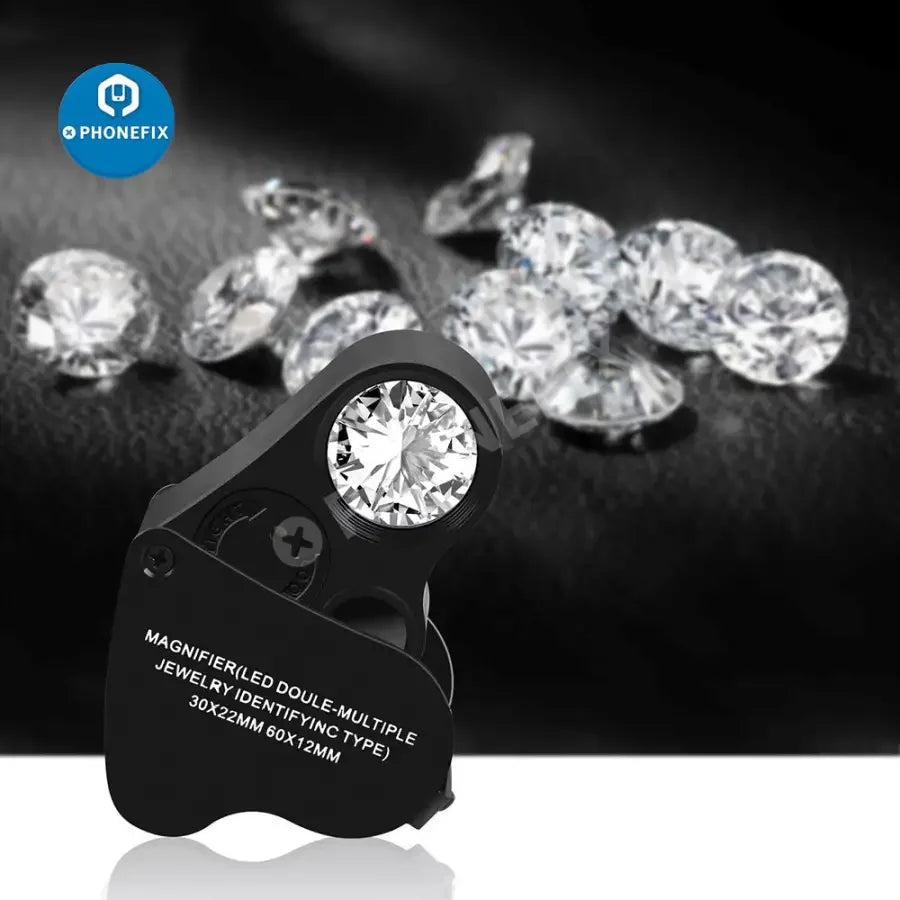 PHONEFIX 30x-60x foldable jewelry magnifier with LED light, soldering magnifying glass for detailed repair and inspection tasks.