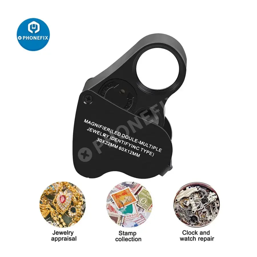PhoneFix foldable jewelry magnifier with LED light, 30X-60X zoom, soldering magnifying glass for detailed jewelry repair work.