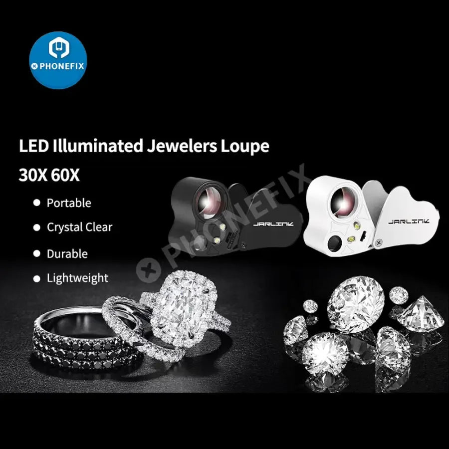 PHONEFIX 30X-60X foldable jewelry magnifier with LED light, Soldering Magnifying Glass for detailed repair and inspection.
