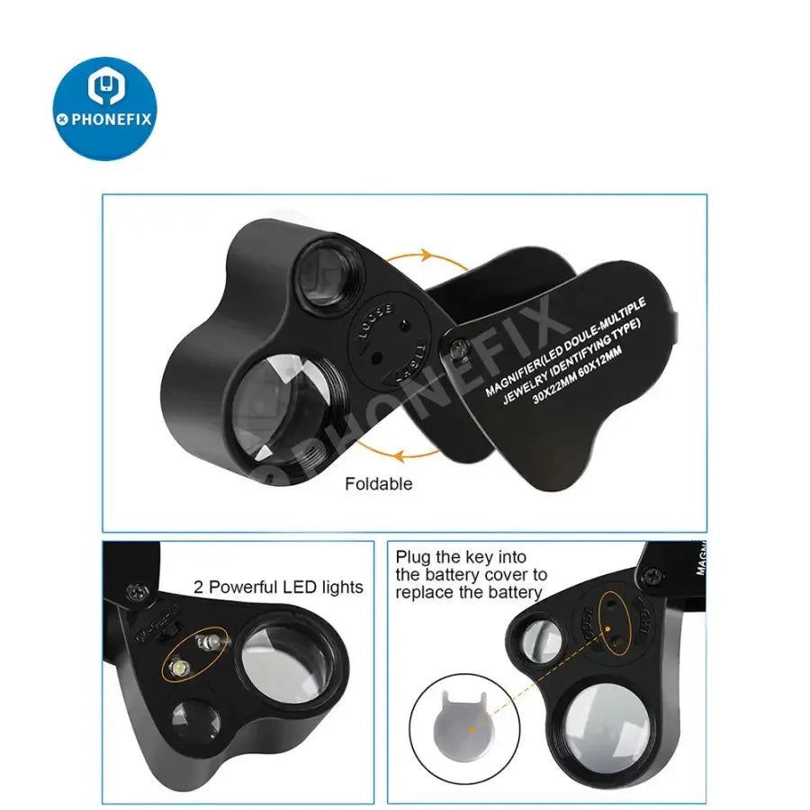 PhoneFix foldable jewelry magnifier with LED light, 30x-60x zoom, Soldering Magnifying Glass for detailed repair work