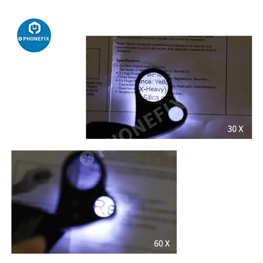 PhoneFix 30x-60x foldable jewelry magnifier with LED light, soldering magnifying glass for jewelry repair and detailed inspection.