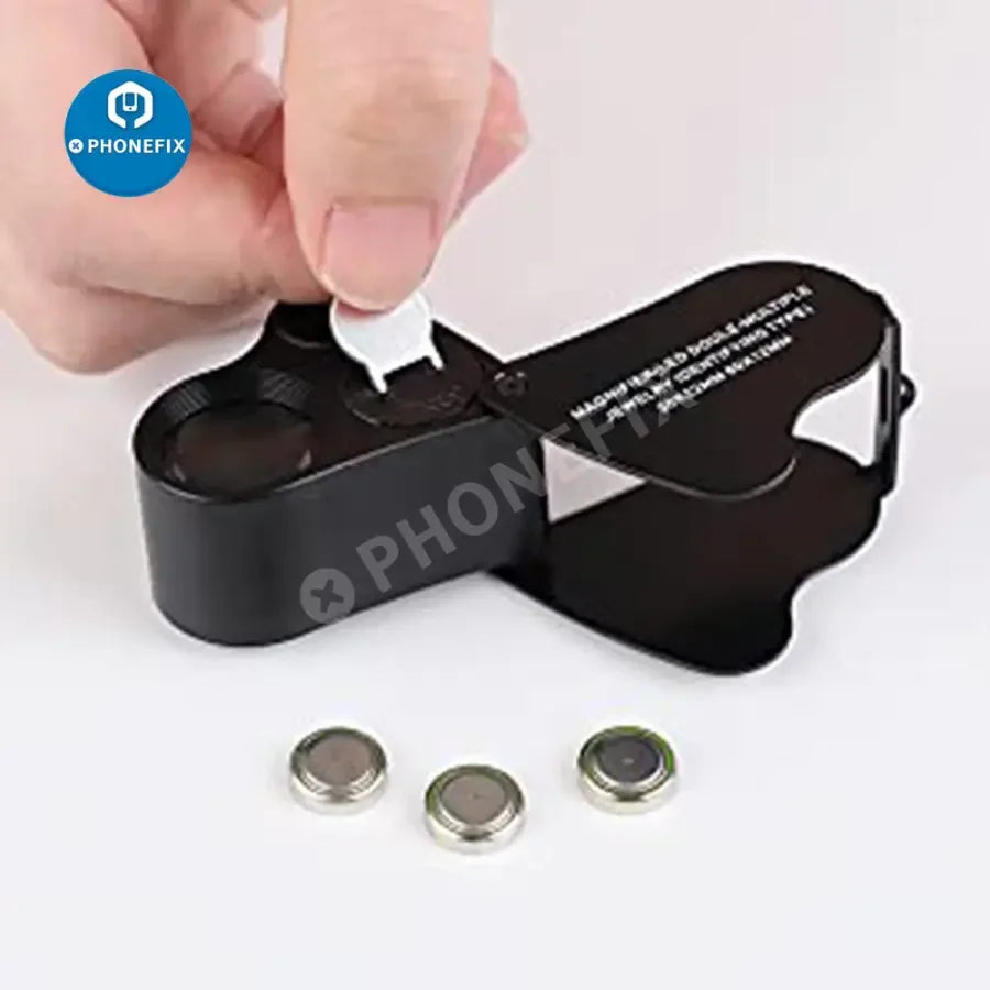 PHONEFIX foldable jewelry magnifier with LED light, 30X-60X soldering magnifying glass for detailed jewelry repair work.