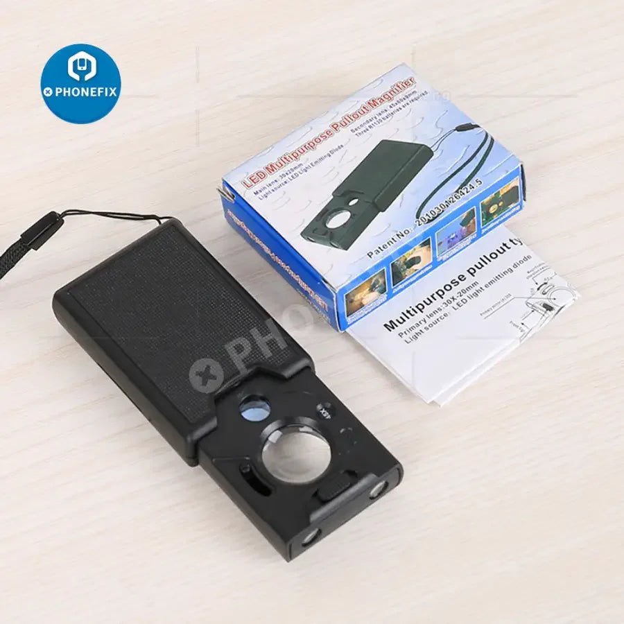 PhoneFix 30x-60x portable soldering magnifying glass with multi-function handheld design for jewelry and detailed inspection.