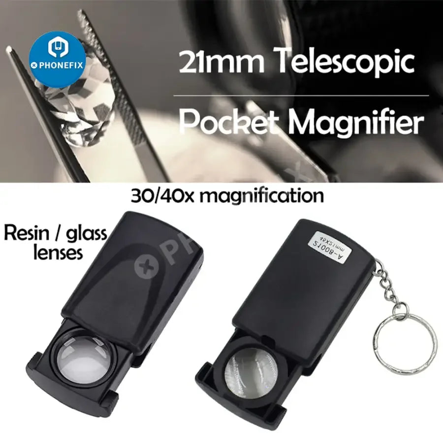 PHONEFIX 30x-60x portable soldering magnifying glass, multi-function jewelry loupe with hand-held design for detailed inspection.