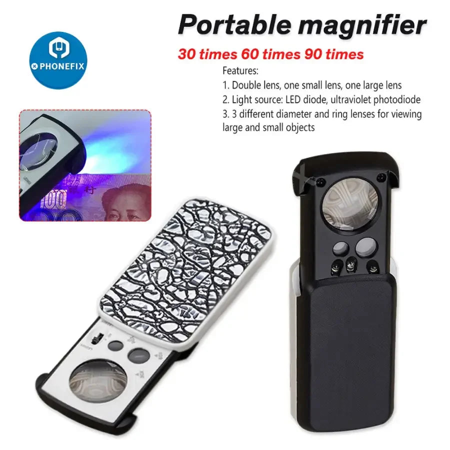 PHONEFIX portable soldering magnifying glass with 30x-60x zoom, multi-function jewelry loupe, handheld with clear lens for detailed work.