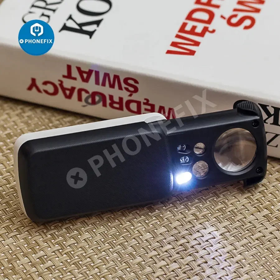 PHONEFIX 30X-60X multi-function portable soldering magnifying glass with jewelry loupe for detailed close-up inspection.