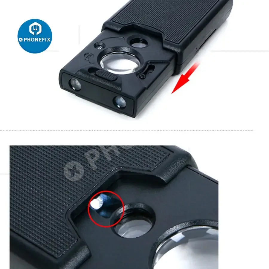 PhoneFix 30x-60x portable soldering magnifying glass with multi-function handheld jewelry loupe for detailed close-up inspection.