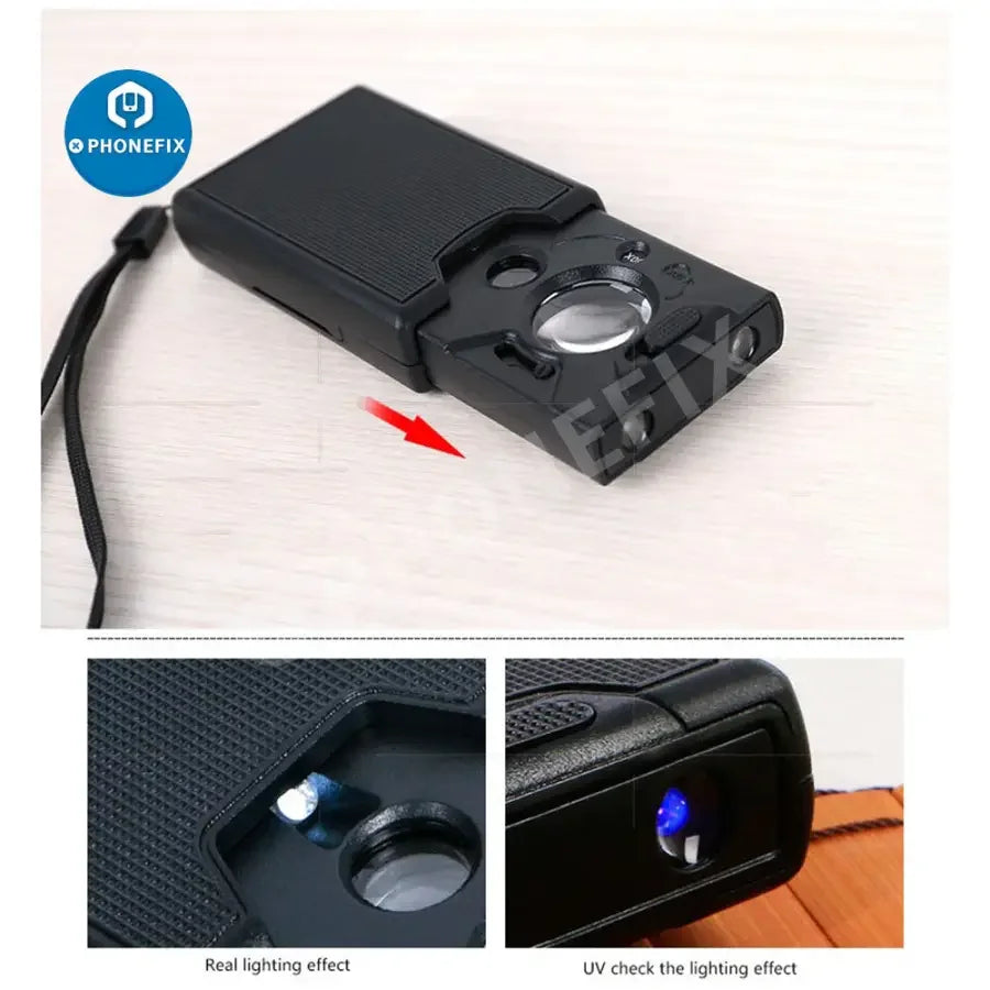 PHONEFIX 30X-60X multi-function portable soldering magnifying glass with jewelry loupe for detailed inspection and precision work.