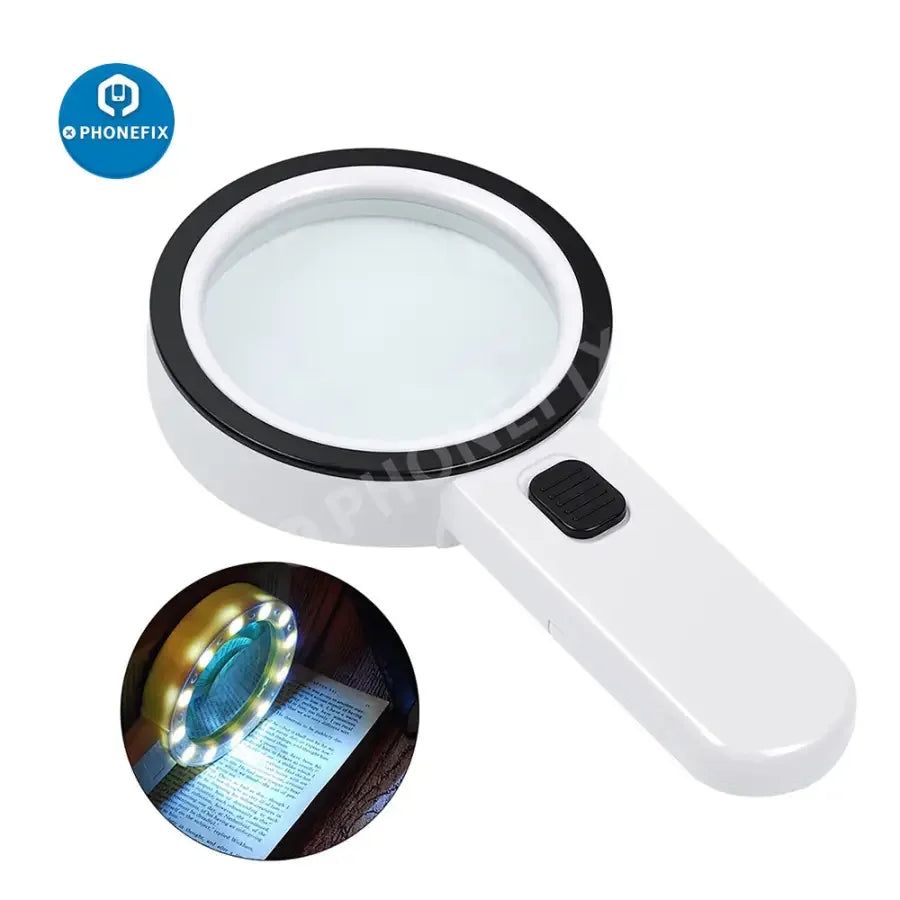 Phonefix 30x handheld magnifier with light for soldering, jewelry inspection, and seniors' reading, featuring a clear magnifying lens.