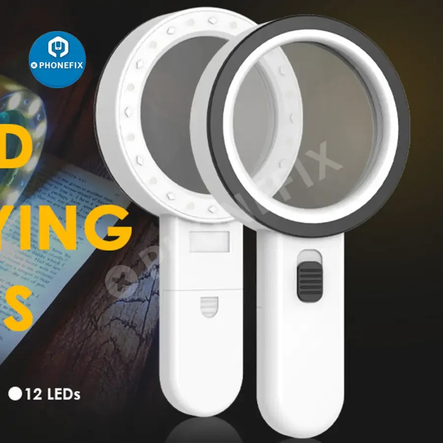 PHONEFIX 30X handheld soldering magnifying glass with light, ideal for jewelry inspection, soldering, and senior reading.