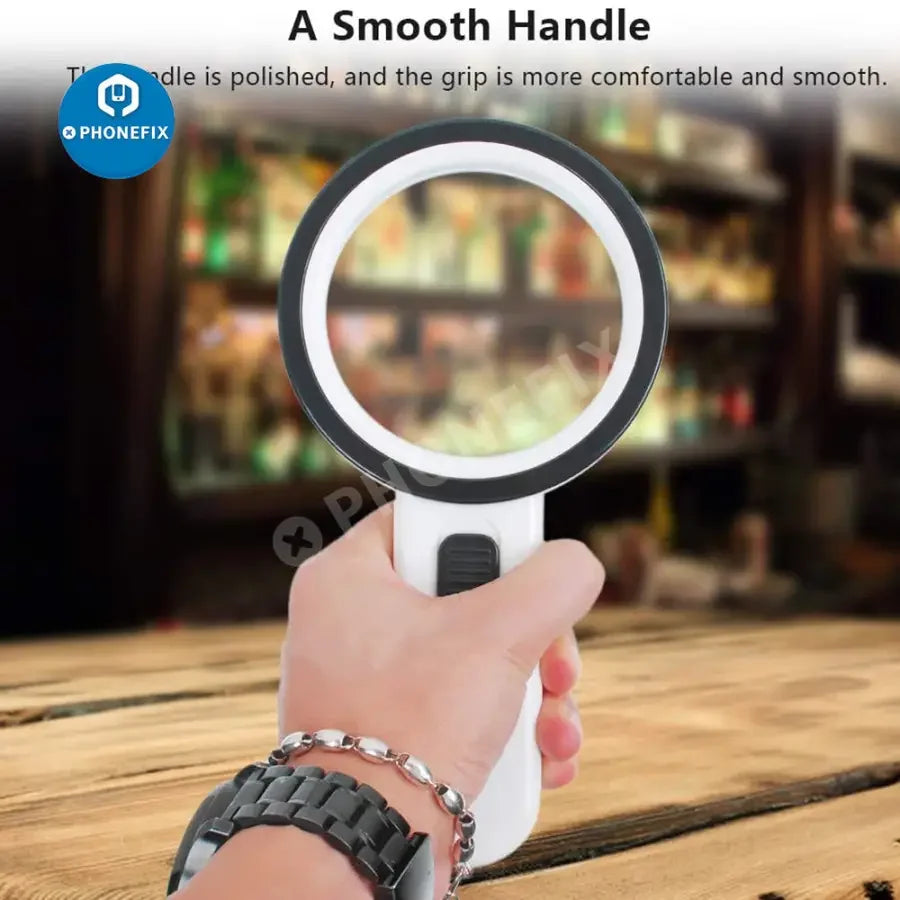 PHONEFIX 30X handheld soldering magnifying glass with light, ideal for jewelry inspection, soldering, and senior reading.