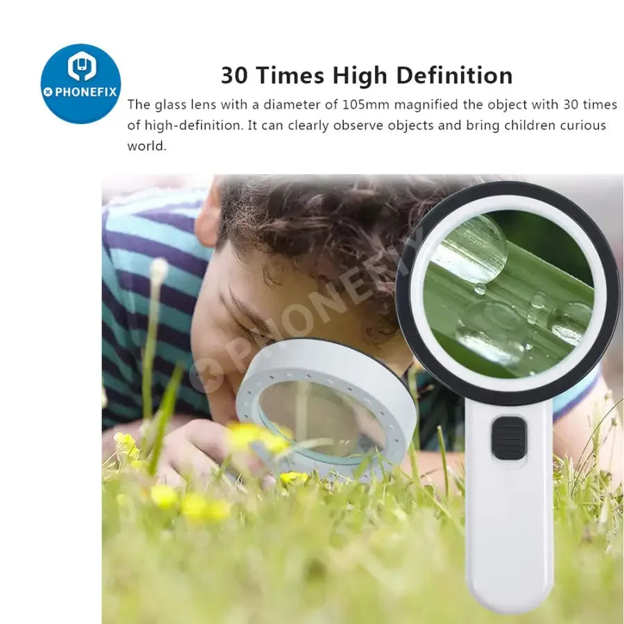 PHONEFIX 30X handheld magnifier with built-in light for soldering, jewelry inspection, and seniors’ reading.