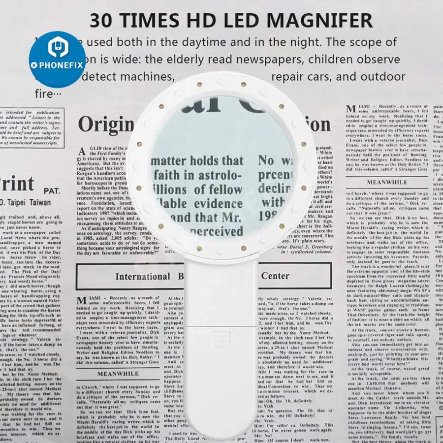 PHONEFIX 30X handheld soldering magnifying glass with light, ideal for jewelry inspection, soldering, and seniors' reading.
